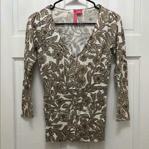 Charlotte V Neck Gem Button Down Neutral Floral Cardigan - Size Small